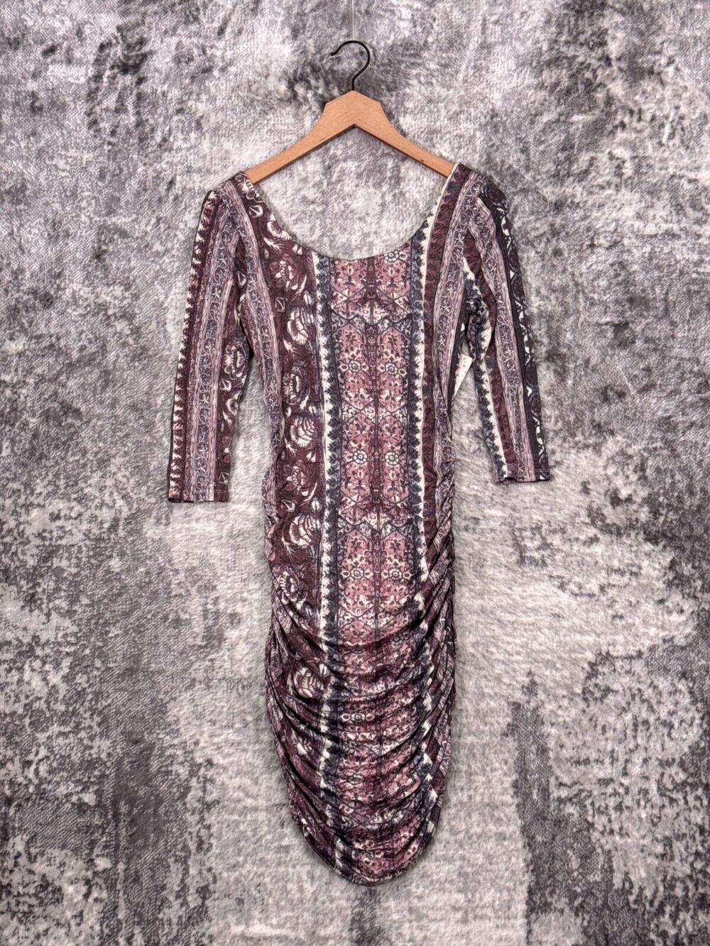 New Free People Dress Small Womens Ruched Bodycon Stretch 3/4 Sleeve Cocktail